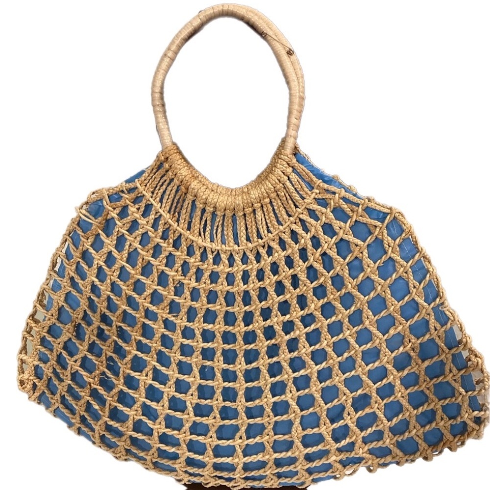 Boho Woven Purse Shopping Tote Lined With Blue Plastic Beach Tote Macrame Look - Picture 2 of 16